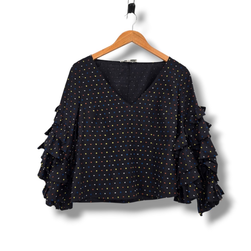 Caroline Constas Black Multi Color Clip Dot Ruffle Tiered Sleeve Blouse Small
